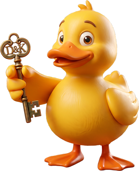 Duck & Key mascot holding a D&K key